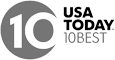 The image shows a logo for "USA TODAY 10BEST" featuring a stylized number 10 within a circle.