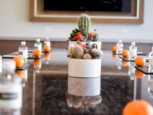 A conference table with a cactus centerpiece, surrounded by bottled water and oranges, with a large screen on the wall in the background.