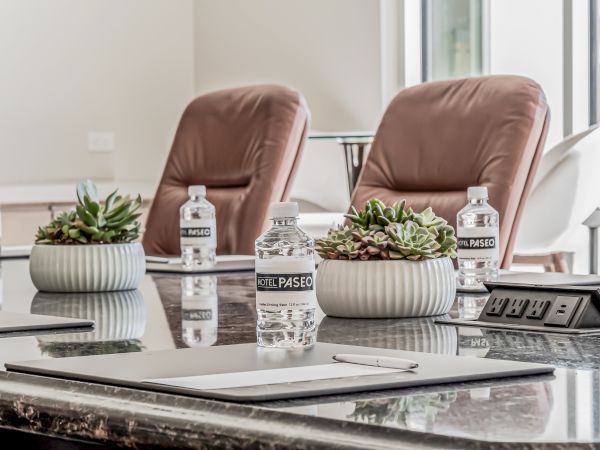 A modern conference room with a glass table, two pinkish leather chairs, succulent plants, water bottles, and a laptop at the center.